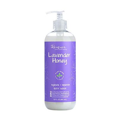 RENPURE Plant-Based Organic Natural Lavender Body Wash, Manuka Honey &amp; Coconut Oil for Body - Sulfate Free, Moisturizing Shower Gel &amp; Sensitive Skin Body Wash with Pump for Women, 19 Ounce