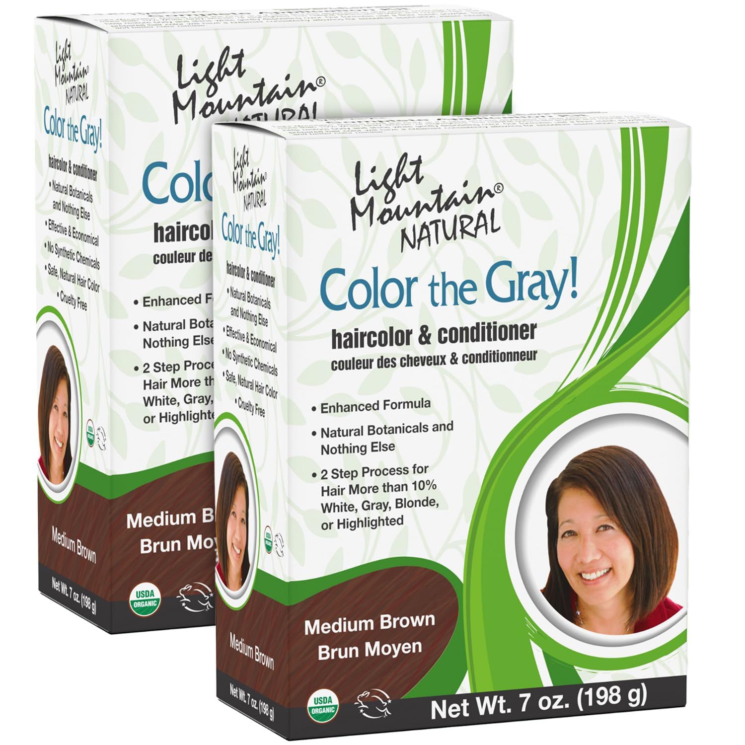 Light Mountain Henna Hair Color &amp; Conditioner, Color the Gray - Medium Brown Hair Dye for Men/Women, 2-Step Chemical-Free, Semi-Permanent Hair Color for White, Gray, and Blonde Hair, 7 Oz (Pack of 2)