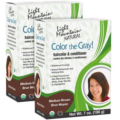 Light Mountain Henna Hair Color &amp; Conditioner, Color the Gray - Medium Brown Hair Dye for Men/Women, 2-Step Chemical-Free, Semi-Permanent Hair Color for White, Gray, and Blonde Hair, 7 Oz (Pack of 2)