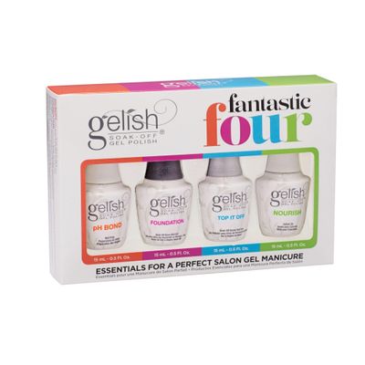 Gelish Essential Fantastic Four Kit - pH Bond Nail Prep, Foundation Base Gel, Top It Off Sealer Gel &amp; Nourish Cuticle Oil - Professional Manicure Essentials for Long-Lasting, Chip-Free Shine.