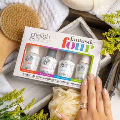 Gelish Essential Fantastic Four Kit - pH Bond Nail Prep, Foundation Base Gel, Top It Off Sealer Gel & Nourish Cuticle Oil - Professional Manicure Essentials for Long-Lasting, Chip-Free Shine.