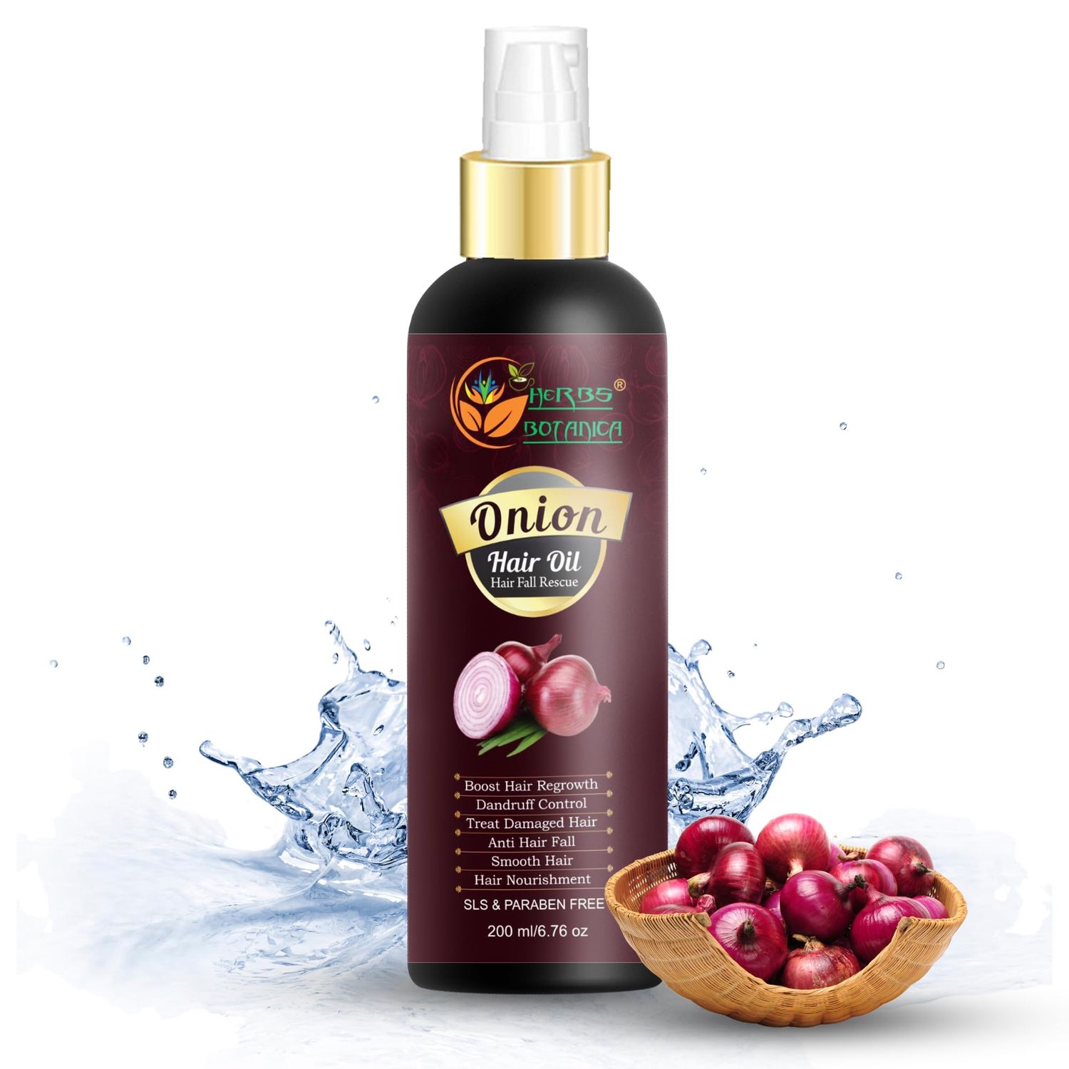 HERBS BOTANICA Red Onion Hair Oil with Black Seed Oil, Jojoba, Argan, Tea Tree, Sandalwood, Rose - Hair Growth Essentials and Hair Loss Control, 6.76 fl oz