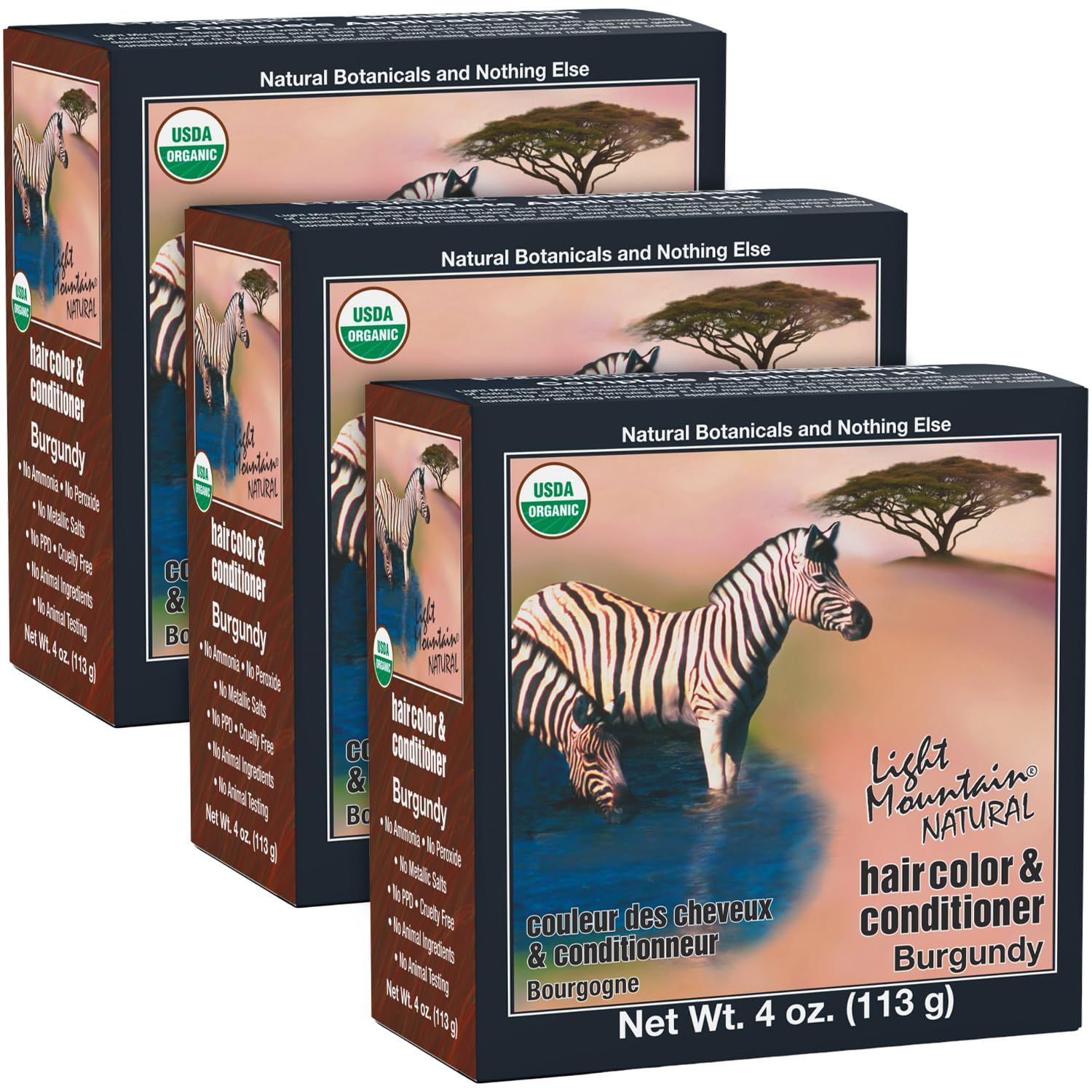 Light Mountain Henna Hair Color &amp; Conditioner - Burgundy Hair Dye for Men/Women, Organic Henna Leaf Powder and Botanicals, Chemical-Free, Semi-Permanent Hair Color, 4 Oz (Pack of 3)