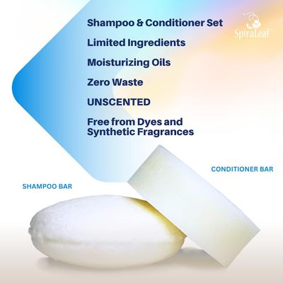 Spiraleaf Shampoo bar and Conditioner Bar Set, Unscented bars made with Limited Ingredients, Concentrated Formula, Natural Oils, Color-Free, Made in the USA