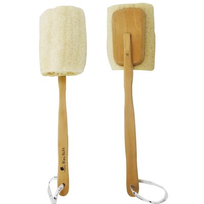 Bleu Bath (2 Pack) Exfoliating Loofah Back Brush Dry Body Brush in 100% Natural and Organic Luffa with Long Wooden Handle Fixed, Scrubber Brush for Men and Women or Even Sensitive Skin