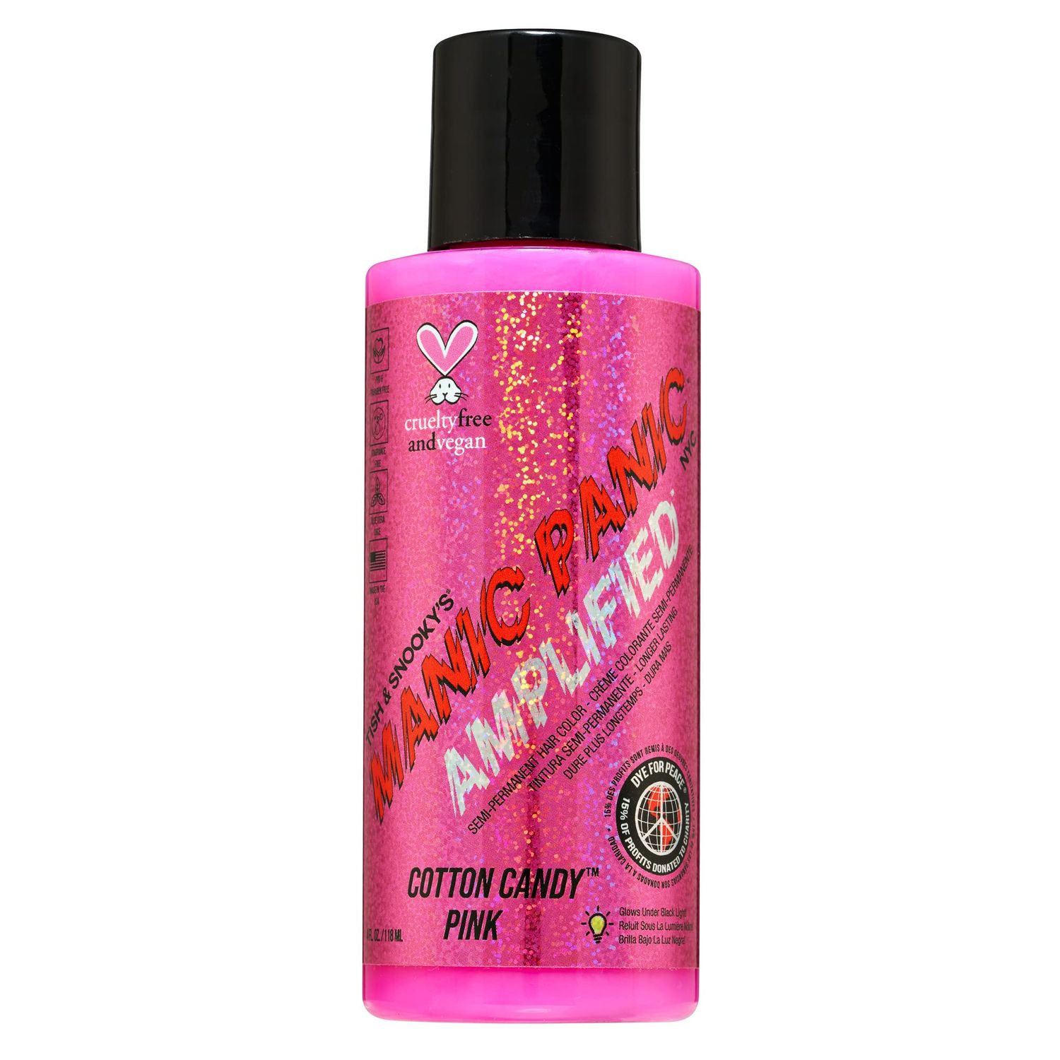 MANIC PANIC Cotton Candy Pink Hair Color - Amplified - Semi Permanent Hair Dye - Bright Pink Cool Toned Color - Glows in Blacklight - Vegan, PPD &amp; Ammonia-Free - For Coloring Hair on Women &amp; Men