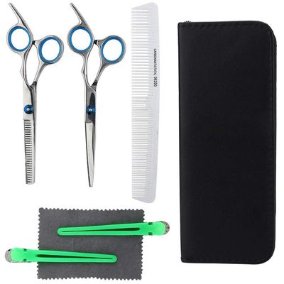 Professional Hair Cutting Scissors Set, 5 Pcs Hairdressing Scissors Kit, Hair Cutting Scissor Thinning Shears Hair Comb Clips Leather Scissors Case
