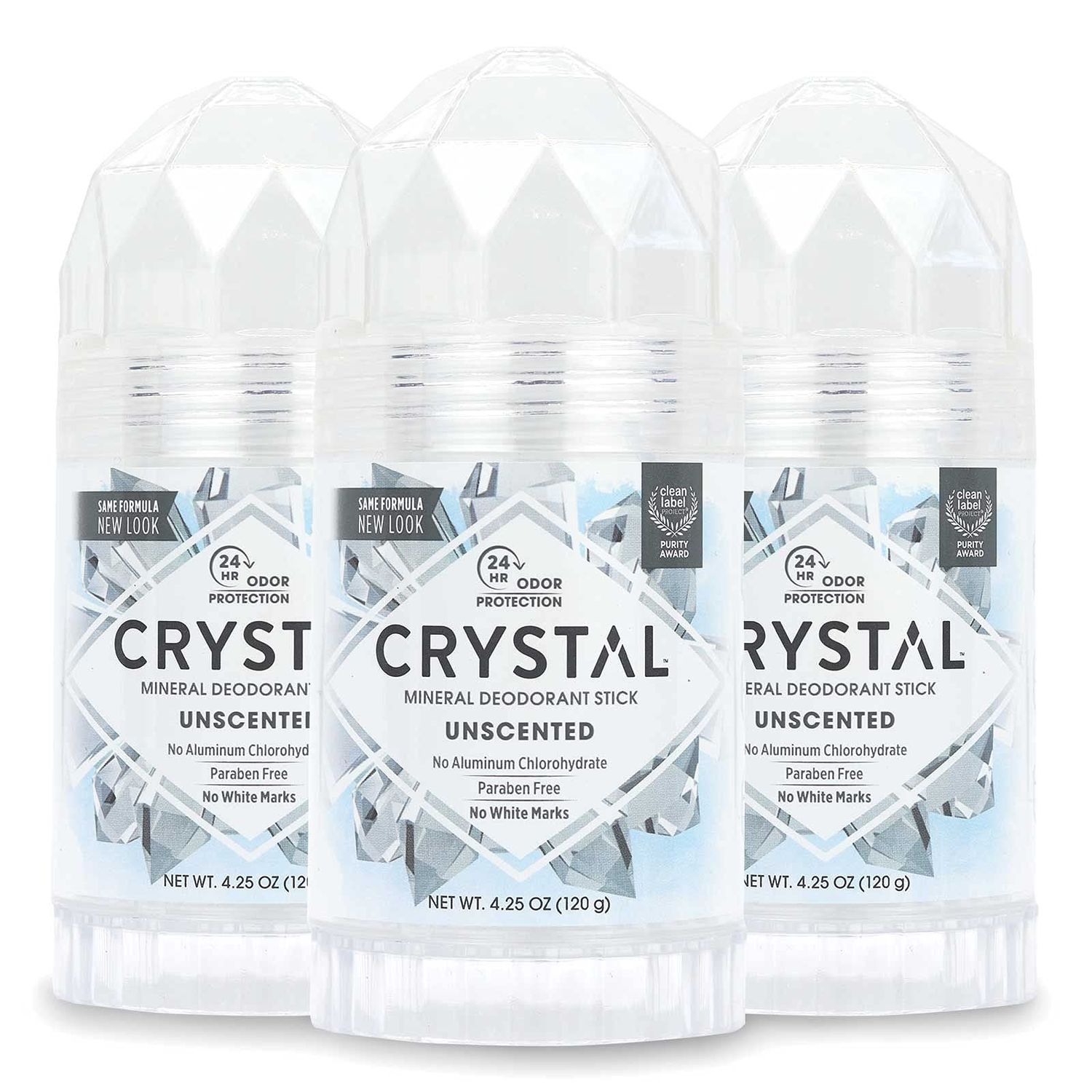 CRYSTAL Unscented Mineral Deodorant Stick (3 Pack) - 24hr Odor Protection, Non-Staining &amp; Non-Sticky, Aluminum &amp; Paraben Free, 4.25 oz