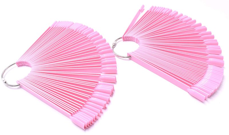 2 Sets 100 Tips Fan Shape Plastic Nail Art Tips Display Polish Board Display Practice Sticks with Metal Split Ring Holder (Pink)