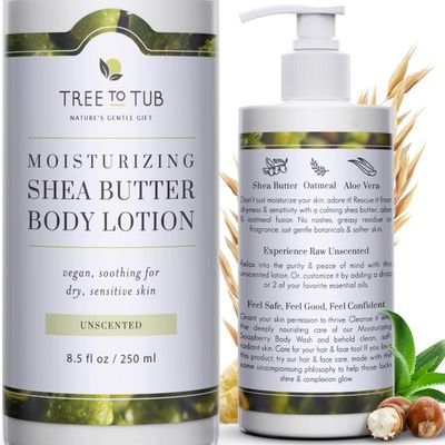 Tree to Tub Unscented Shea Butter Body Lotion for Dry Skin - Fragrance Free Lotion,Vegan Body Moisturizer, Good for Sensitive Skin for both Women &amp; Men