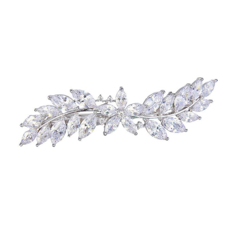 EVER FAITH Women's Wedding Barrettes CZ Marquise-Shaped Hibiscus Flower Leaf Hair Styling Tools Accessories Clear Silver-Tone