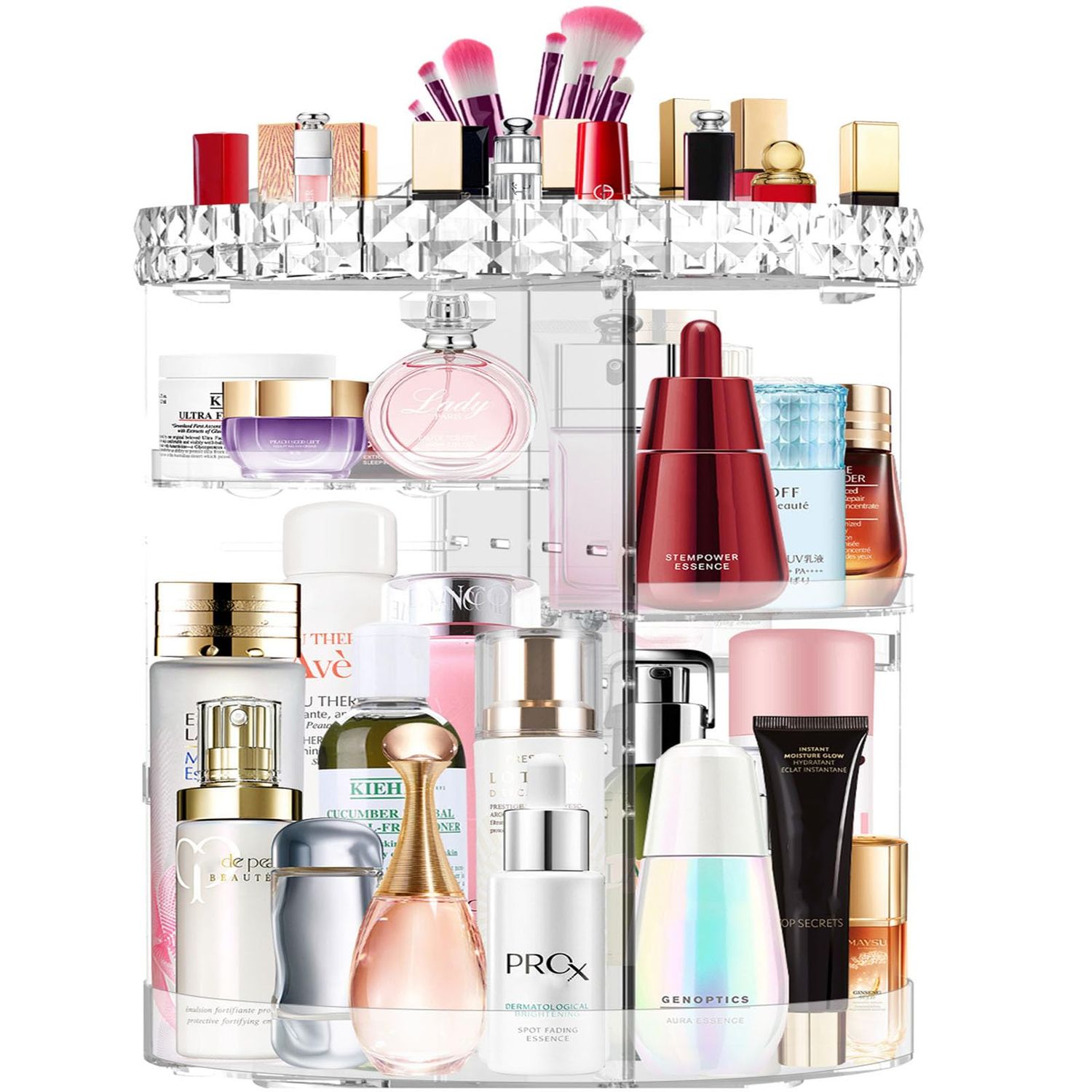 MISERWE 360 Rotating Makeup Organizer, DIY Adjustable Makeup Carousel Spinning Holder Rack, Large Capacity Cosmetic Brush Lipstick Storage Organizer Box for Vanity