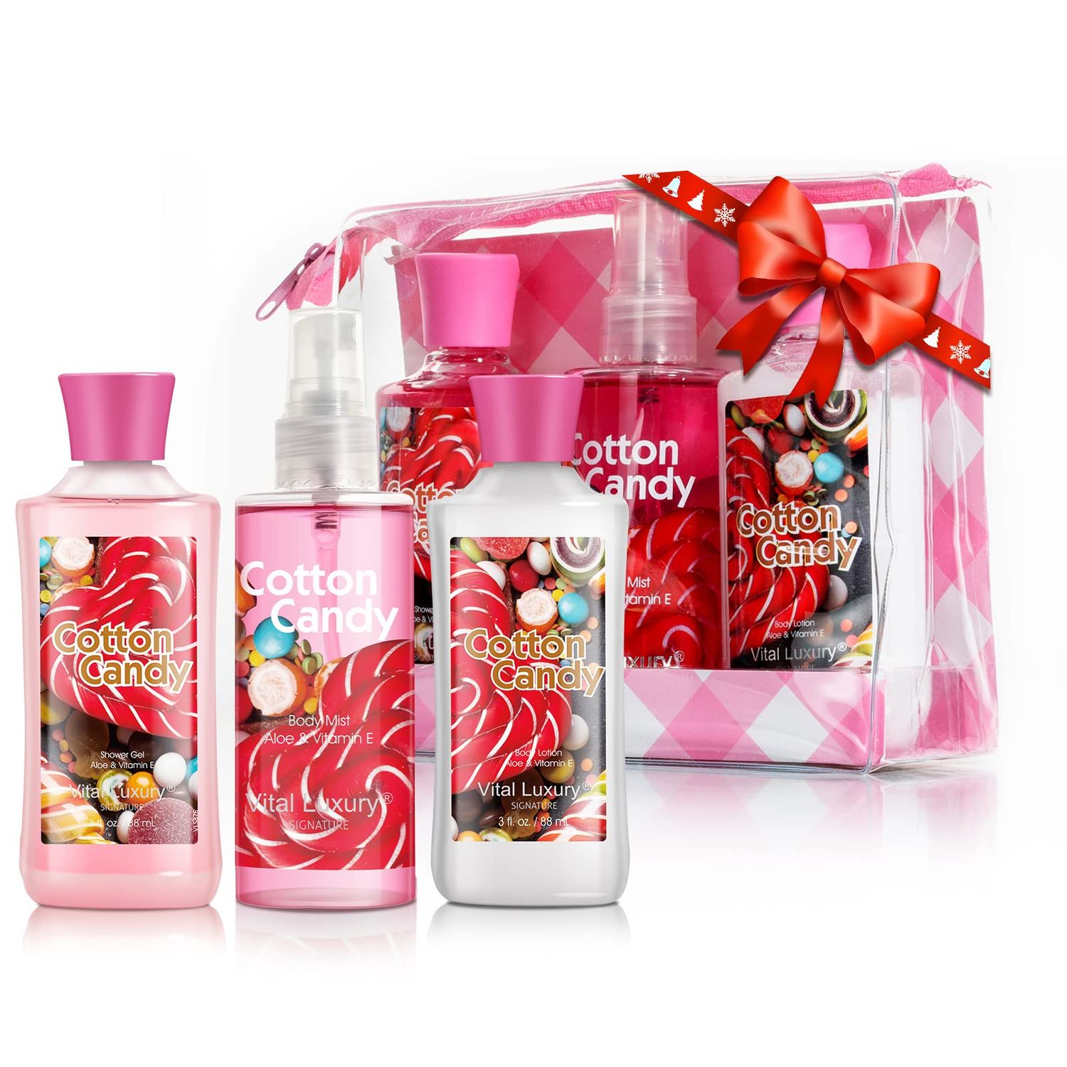 Vital Luxury Cotton Candy Bath &amp; Body Care Travel Set, Home Spa Gift Set Includes Body Lotion, Shower Gel, and Fragrance Mist, Personal Body Care Travel Set, Birthday Mother&#39;s Valentine&#39;s Day Gifts