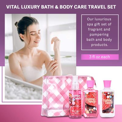 Vital Luxury Cotton Candy Bath & Body Care Travel Set, Home Spa Gift Set Includes Body Lotion, Shower Gel, and Fragrance Mist, Personal Body Care Travel Set, Birthday Mother's Valentine's Day Gifts