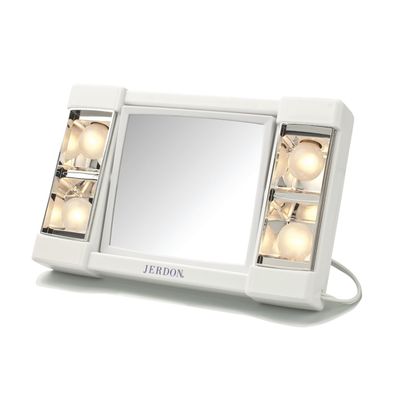 JERDON Two-Sided Makeup Mirror with Lights - Vanity Mirror with 3X Magnification &amp; Glare-Free Lighting - White Base - Model J1010
