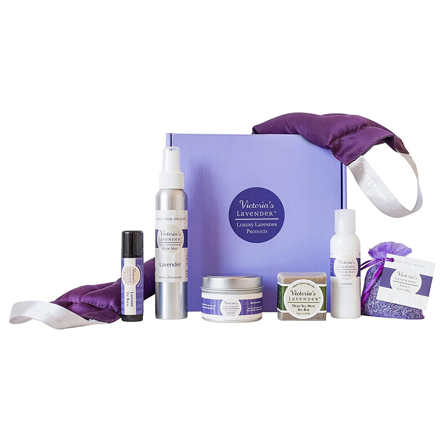 Victoria&#39;s Lavender Luxury Gift Basket for Women - Neck Wrap, Body Mist, Hand &amp; Body Lotion, Lip Balm, Soy Candle, Mud Spa Bar &amp; Lavender Sachet, Skin Care Sets &amp; Kits, Beauty Products For Women