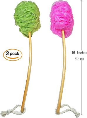 Shower Loofah Body & Back Scrubber - Exfoliating Loofah luffa loofa Bath Brush On a Stick - with Long Wooden Handle Back Brush for Men & Women - Easy Reach Body Wash & Lotion Applicator 2-Pack