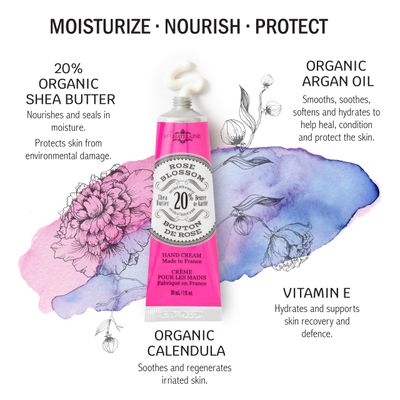 La Chatelaine 20% Shea Butter Hand Cream Travel Size, Organic Argan Oil, Moisturizing, Nourishing, Repairing, Extra-Rich Hand Lotion, Made in France, Paraben Free, 1 oz / 30ml (Rose Blossom)