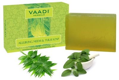 Vaadi Herbals Neem Tulsi Bar Soap with Tea Tree Oil - Handmade Herbal Soap with 100% Pure Essential Oils - ALL Natural - Each 2.65 Ounces - Pack of 3(8 Ounces)