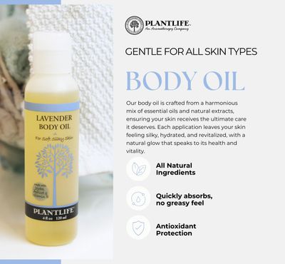 Plantlife Lavender Body Oil - Moisturizing Natural Body Oil for All Skin Types - Nourishing Dry Skin and Making It Feel Soft and Silky for Women & Men - Bath, Body & Massage Oil - 4oz