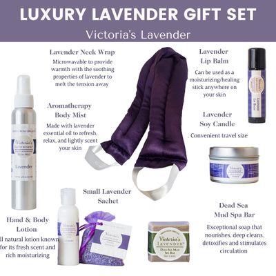 Victoria's Lavender Luxury Gift Basket for Women - Neck Wrap, Body Mist, Hand & Body Lotion, Lip Balm, Soy Candle, Mud Spa Bar & Lavender Sachet, Skin Care Sets & Kits, Beauty Products For Women