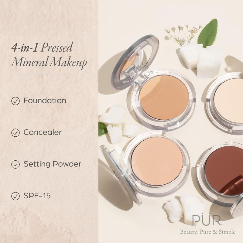 PUR Beauty 4-in-1 Pressed Mineral Makeup Powder Foundation with SPF 15 - Concealer &amp; Finishing Compact Pressed Powder for Face - Buildable Medium to Full Coverage Foundation Powder (Light)