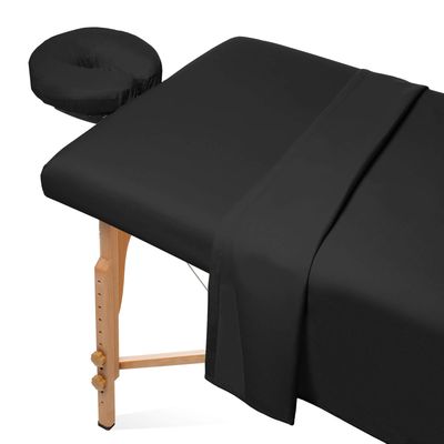Saloniture 3-Piece Microfiber Massage Table Sheet Set - Premium Facial Bed Cover - Includes Flat and Fitted Sheets with Face Cradle Cover - Black