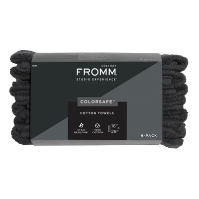 Fromm ColorSafe 100% Cotton Bleach Proof Salon Hair Towels for Hairstylists, Barbers, Spa, Gym in Black, 16&quot; by 29&quot;, 6 count Absorbent Stain Resistant Towels for Drying Curly, Long, Wavy Hair