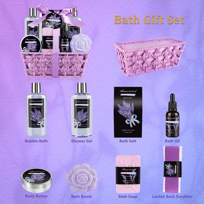Spa Bath Gift Basket Set, Lavender Home Spa Gift for Women, with Shower Gel, Bubble Bath, Body Butter, Bath Salt, Bath Bomb, Bath Oil, Bath Soap,Gift Idea for Mother, Girlfriend, Wife