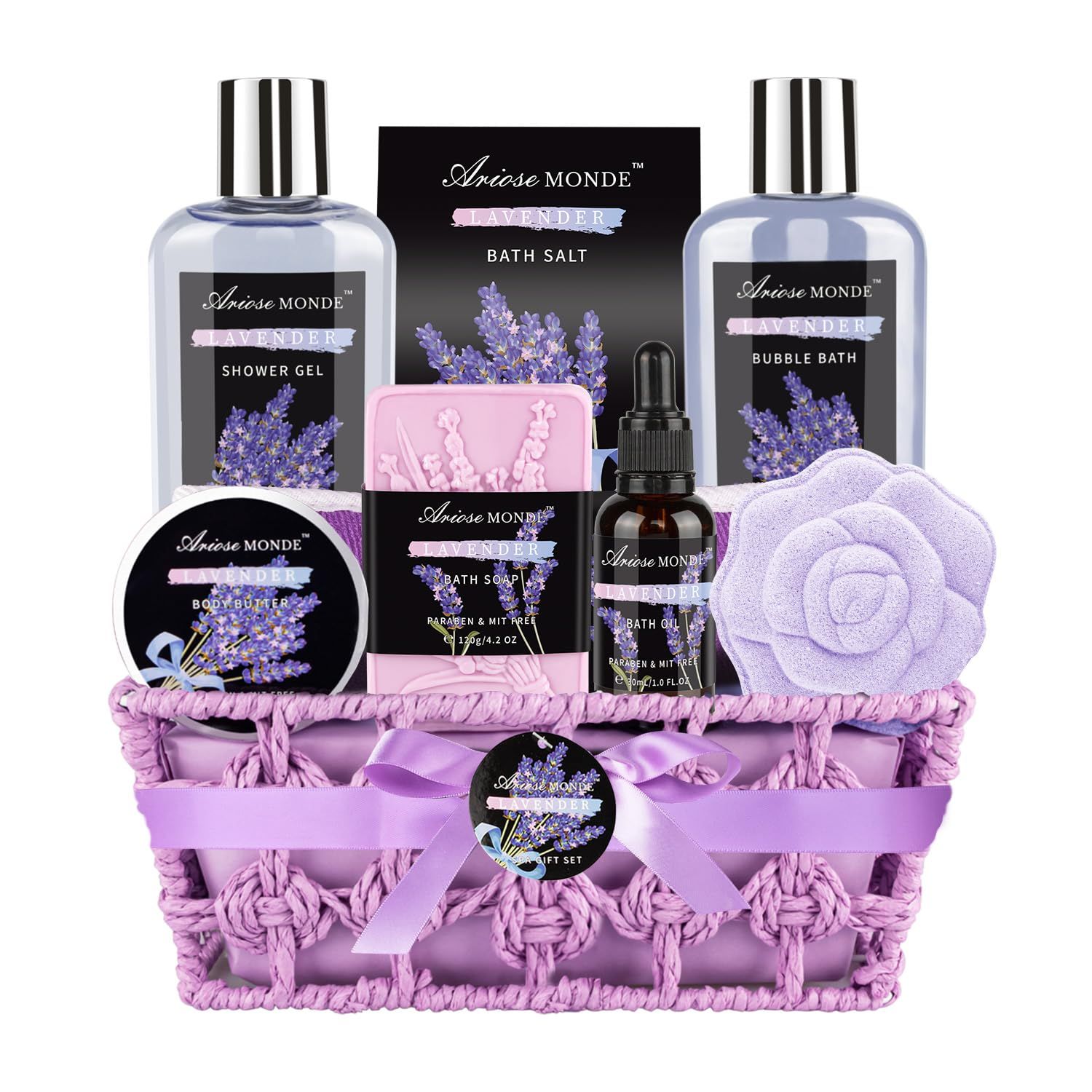 Spa Bath Gift Basket Set, Lavender Home Spa Gift for Women, with Shower Gel, Bubble Bath, Body Butter, Bath Salt, Bath Bomb, Bath Oil, Bath Soap,Gift Idea for Mother, Girlfriend, Wife