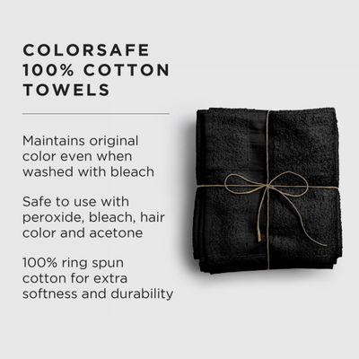 Fromm ColorSafe 100% Cotton Bleach Proof Salon Hair Towels for Hairstylists, Barbers, Spa, Gym in Black, 16" by 29", 6 count Absorbent Stain Resistant Towels for Drying Curly, Long, Wavy Hair