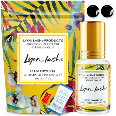 Extra Powerful Eyelash Extension Glue - Lyon Lash 5ml Performance Glue | 1-2 Sec Dry Time | 6-8 Weeks Retention | Black Adhesive Supplies for Professional Use