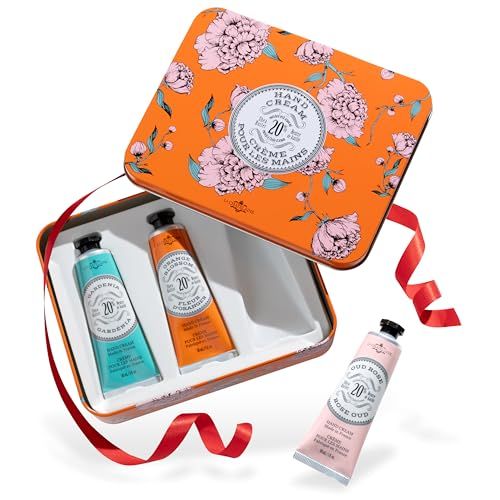 La Chatelaine Hand Cream Trio Tin, Gifts for Mom, Natural Hand Lotion Gift Set, Made in France with 20% Organic Shea Butter, Nourishing &amp; Moisturizing (Gardenia, Orange Blossom, Oud Rose) 3 x 1 fl. oz
