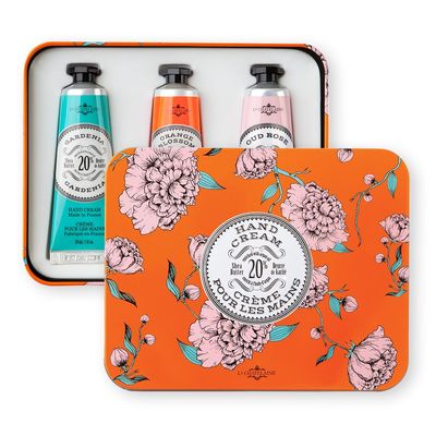 La Chatelaine Hand Cream Trio Tin, Gifts for Mom, Natural Hand Lotion Gift Set, Made in France with 20% Organic Shea Butter, Nourishing &amp; Moisturizing (Gardenia, Orange Blossom, Oud Rose) 3 x 1 fl. oz