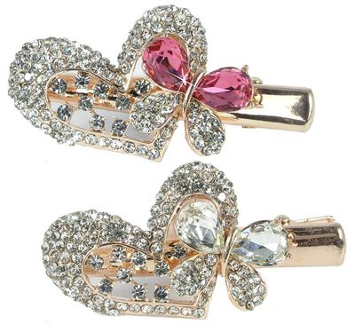 Hair Clips Exquisite Jeweled Heart &amp; Butterfly - Pink &amp; Clear Rhinestone Crystals Gold Metal Clasp - Set of 2 - Elegant Hair Accessories for Special Occasions - 2&quot; W X 1&quot; H&quot;