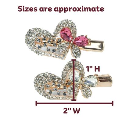 Hair Clips Exquisite Jeweled Heart &amp; Butterfly - Pink &amp; Clear Rhinestone Crystals Gold Metal Clasp - Set of 2 - Elegant Hair Accessories for Special Occasions - 2" W X 1" H"