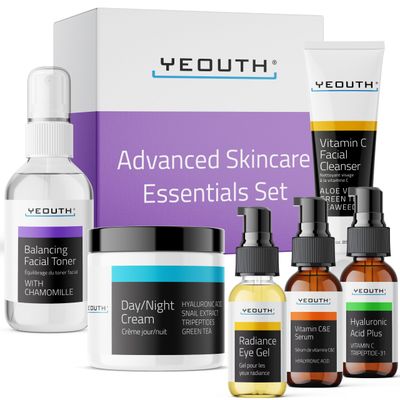 YEOUTH Hyaluronic Acid Serum, Vitamin C Serum, Face Cleanser, Toner, Under Eye Gel, Face Cream, 6-Piece Skin Care Gift Set for Women and Men