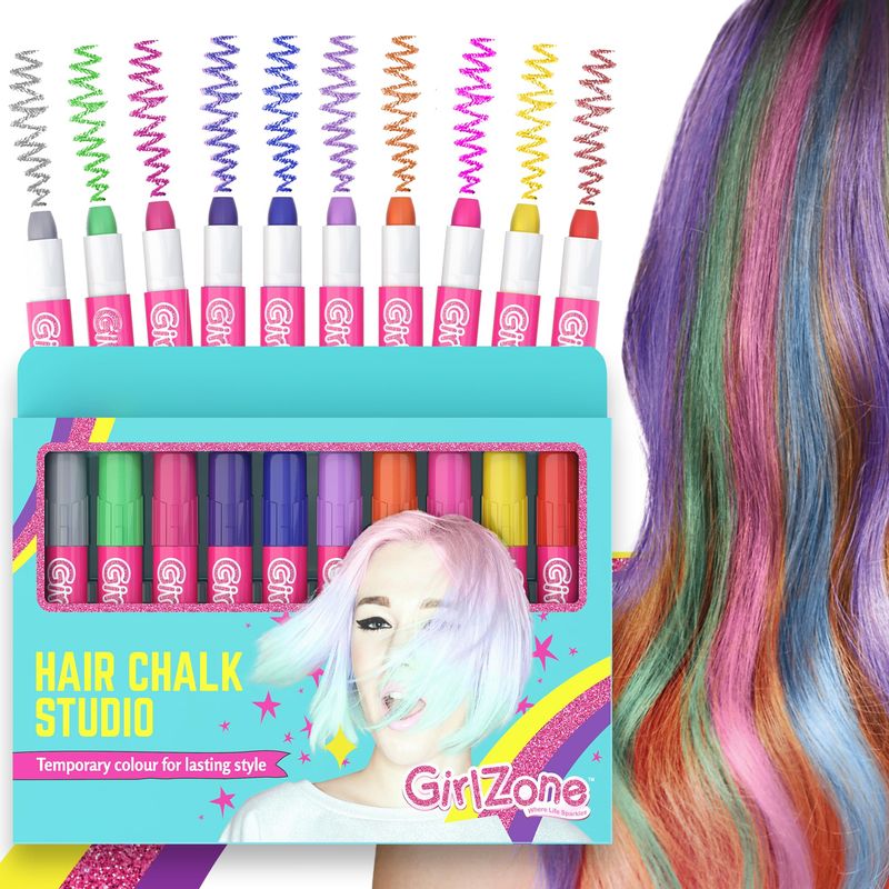 GirlZone Hair Chalks Set, 10-Piece, Easy to Apply and Remove, Temporary Multicolor Hair Color for Kids Dress Up Parties, Role Play, Gift-Ready Vibrant