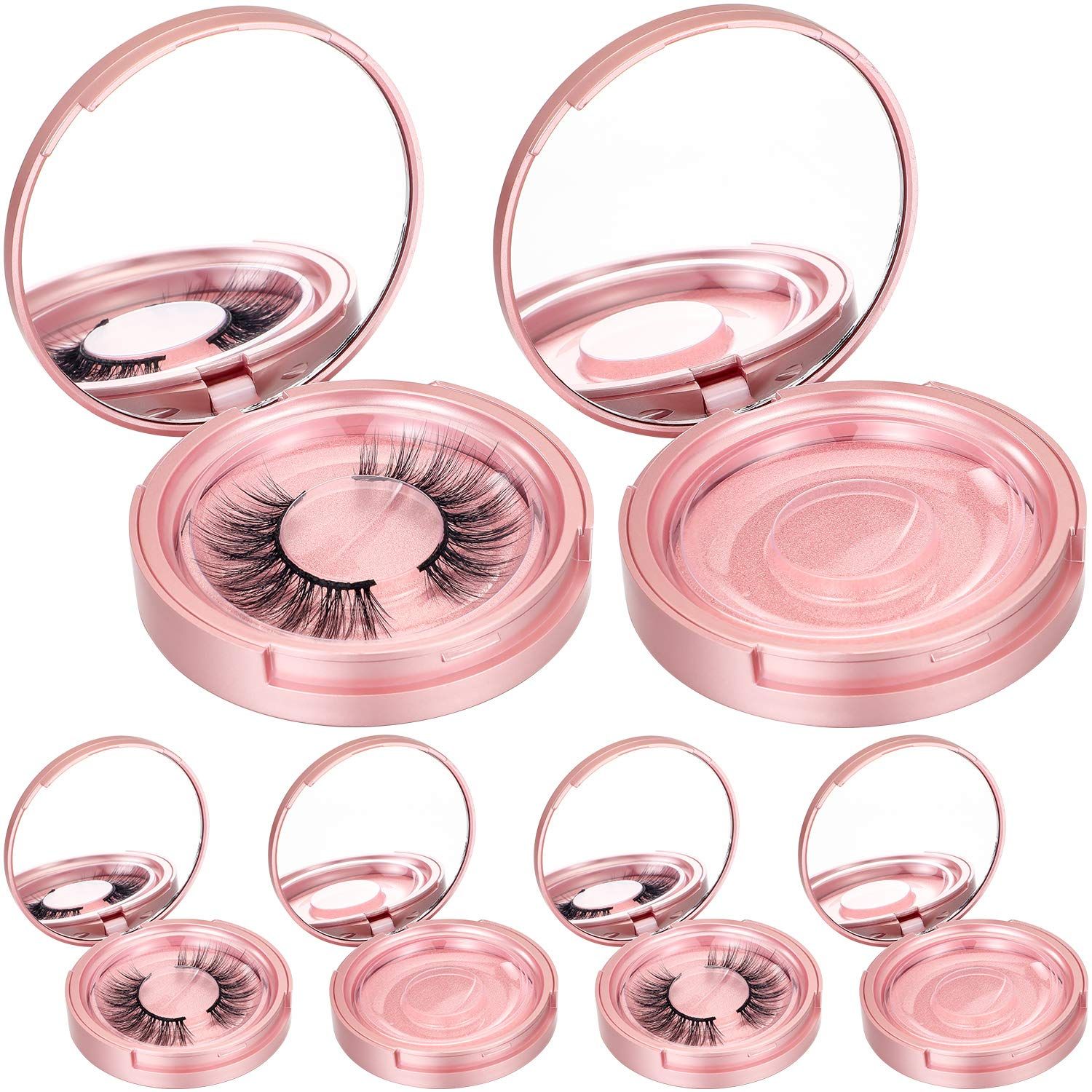 Maitys 6 Pieces Eyelash Packaging Circle Box with Mirror, Eyelash Storage Box Empty Eyelash Box with Lash Holder Eyelash Organizer Container for Travel Storage Women Ladies (Rose Gold)
