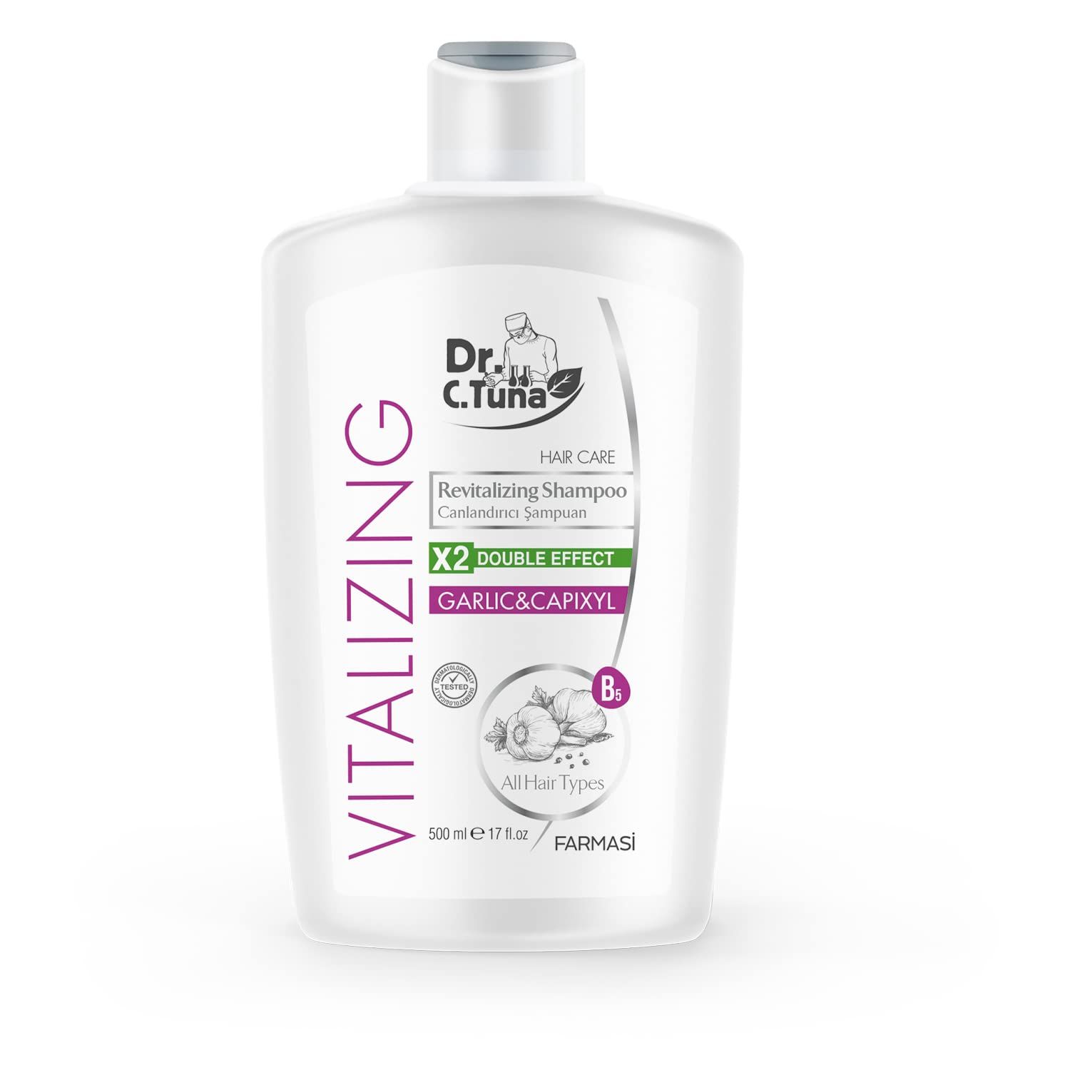 FARMAS? Dr. C. Tuna Vitalizing Garlic Shampoo, Natural Hair Treatment for Hair Growth, Prevents Hair Loss, Stimulates Growth, Relieves Itchy Scalp with Capixyl, and Coconut Oil, 17 fl. oz / 500 ml