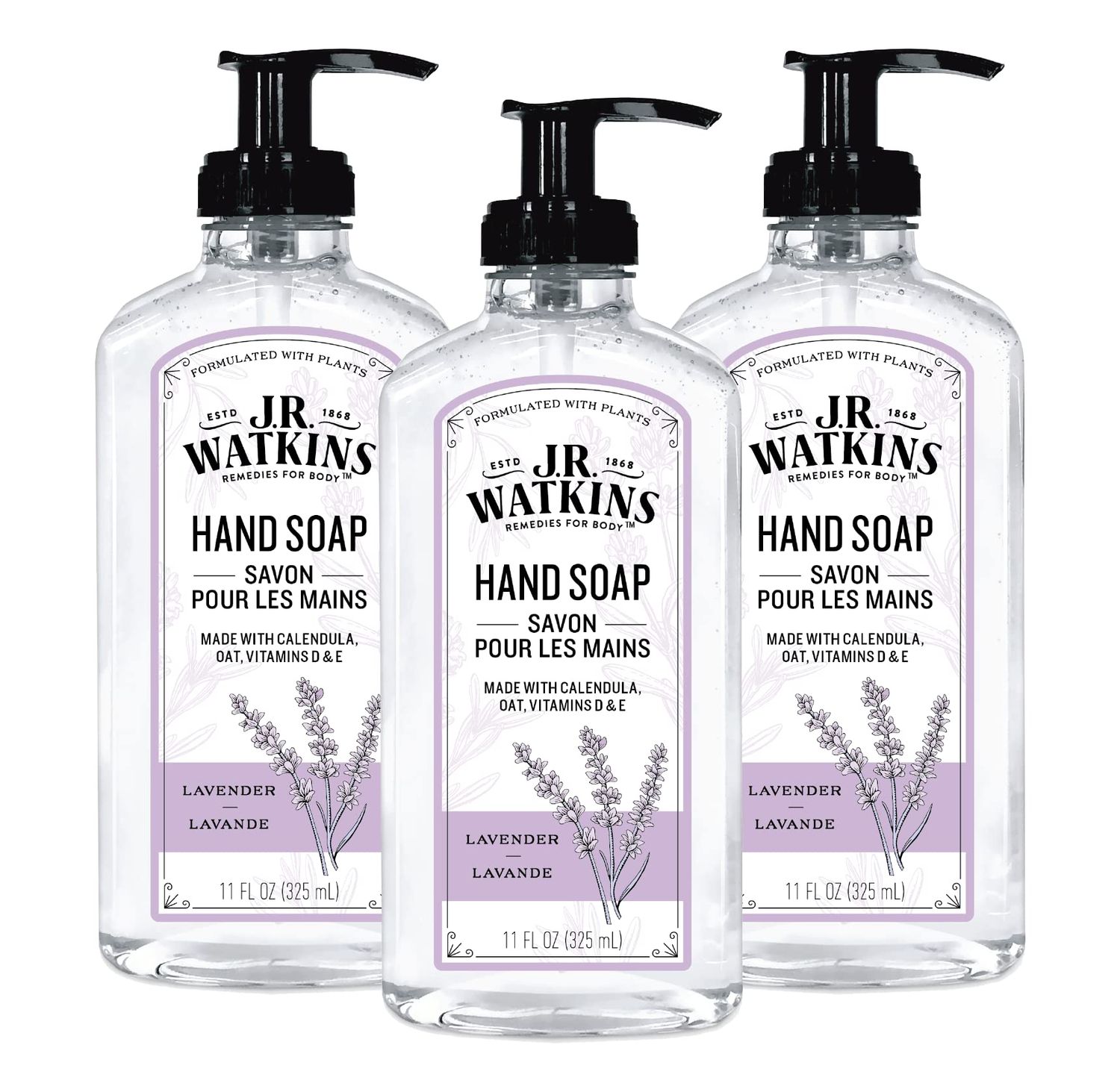 J.R. Watkins Gel Hand Soap, Scented Liquid Hand Wash for Bathroom or?Kitchen, USA Made and Cruelty Free, 11 fl oz, Lavender, 3 Pack
