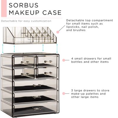 Sorbus Clear Cosmetic Makeup Organizer - Make Up &amp; Jewelry Storage, Case &amp; Display - Spacious Design - Holder for Dresser, Bathroom, Vanity &amp; Countertop (3 Large, 4 Small Drawers) [Black Jewel]