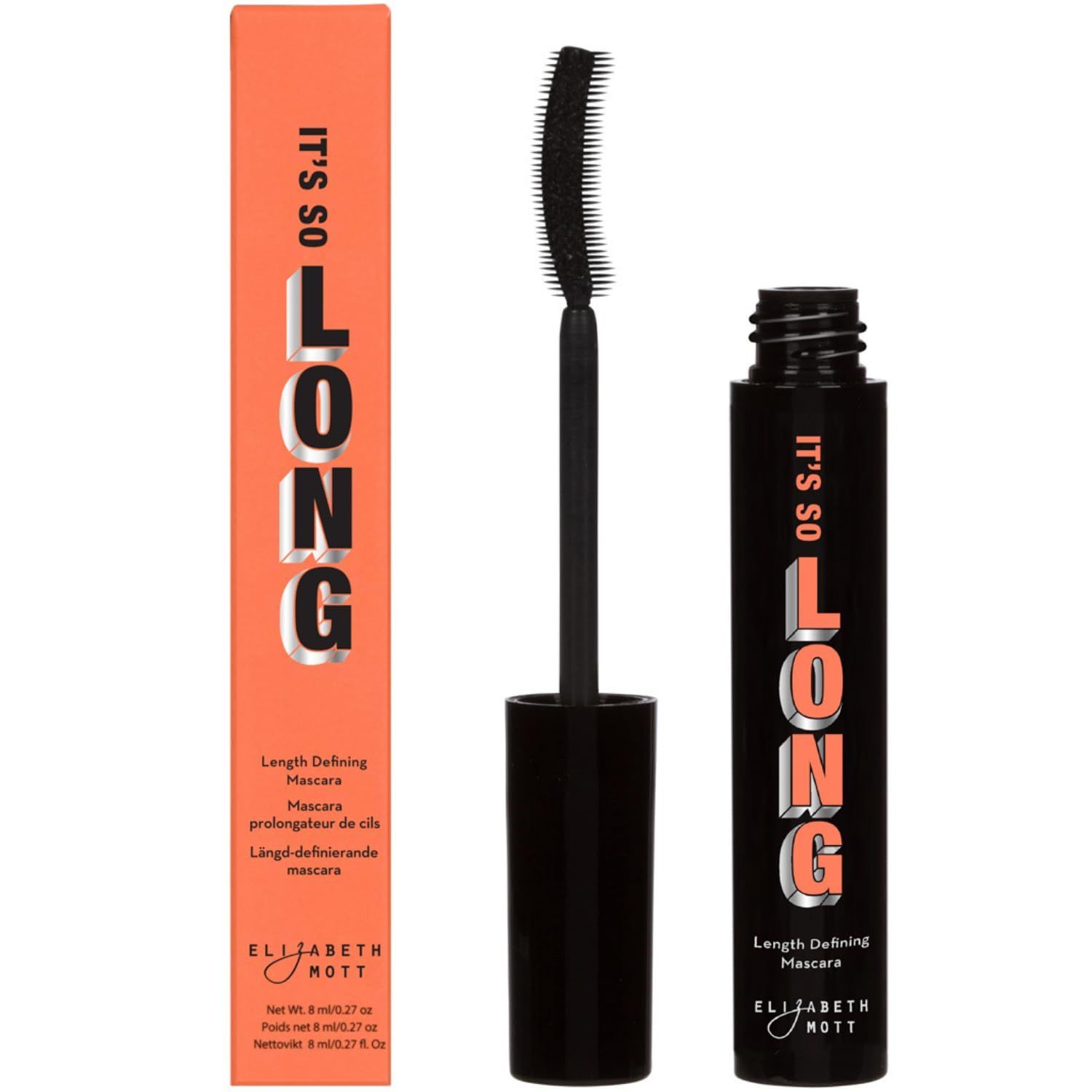 Elizabeth Mott Black Lengthening Smudge Proof, Water-Resistant Mascara, No Clump or Flake, Liquid Lash Extending Fiber Mascara with C-curve Silicone Brush, Full Length &amp; Volume Lashes - 8 ml