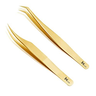 Lash Tweezers for Eyelash Extension, Hand Calibrated Dolphin-shaped and Curved Tip Eyelash Tweezers eyelash tweezers, False Lash Application Tools, Lash extension tweezers gold (Pack of 2, Gold)