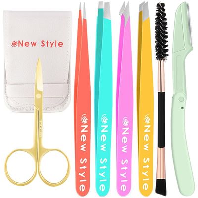 New Style Tweezer Set - Professional Stainless Steel Tweezers, Combo Pack, Multicolored Precision Eyelash and Eyebrow Hair Removal Makeup Tool with Travel Case