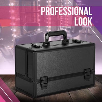 Ver Beauty Large Professional Makeup Organizer, Heavy Duty Makeup Artist Travel Case with 6 Extendable Tier Trays &amp; 2 Brush Holders, Black Matte (VP001-22)