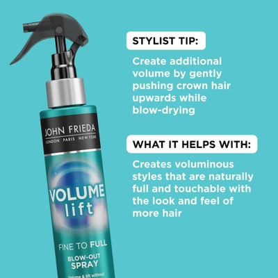 John Frieda Volume Lift Blow-Out Spray Safe for Color-Treated & Fine Hair, 4 Ounces, Root Booster Volumizing Spray with Air-Silk Technology (Packaging May Vary)