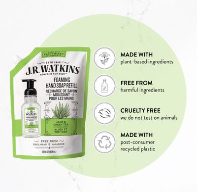 J.R. Watkins Foaming Hand Soap Refill Pouch, Scented Foam Handsoap for Bathroom or Kitchen, USA Made and Cruelty Free, 28 fl oz, Aloe &amp; Green Tea, 2 Pack