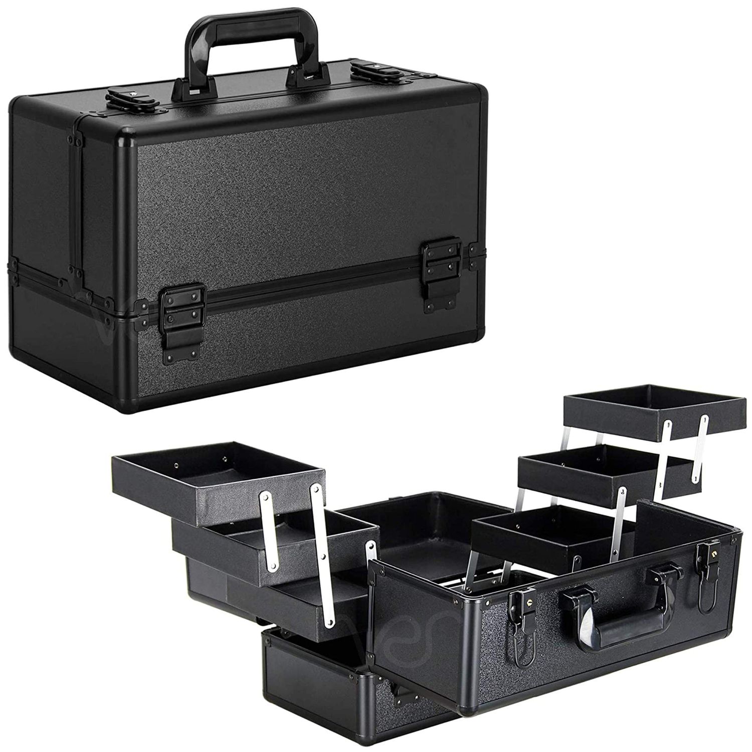 Ver Beauty Large Professional Makeup Organizer, Heavy Duty Makeup Artist Travel Case with 6 Extendable Tier Trays &amp; 2 Brush Holders, Black Matte (VP001-22)