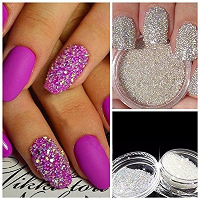 Minejin Nails Art Mini Rhinestones Beads AB Micro Ball Gems 3D Manicure Tips Two Bottle With Tray